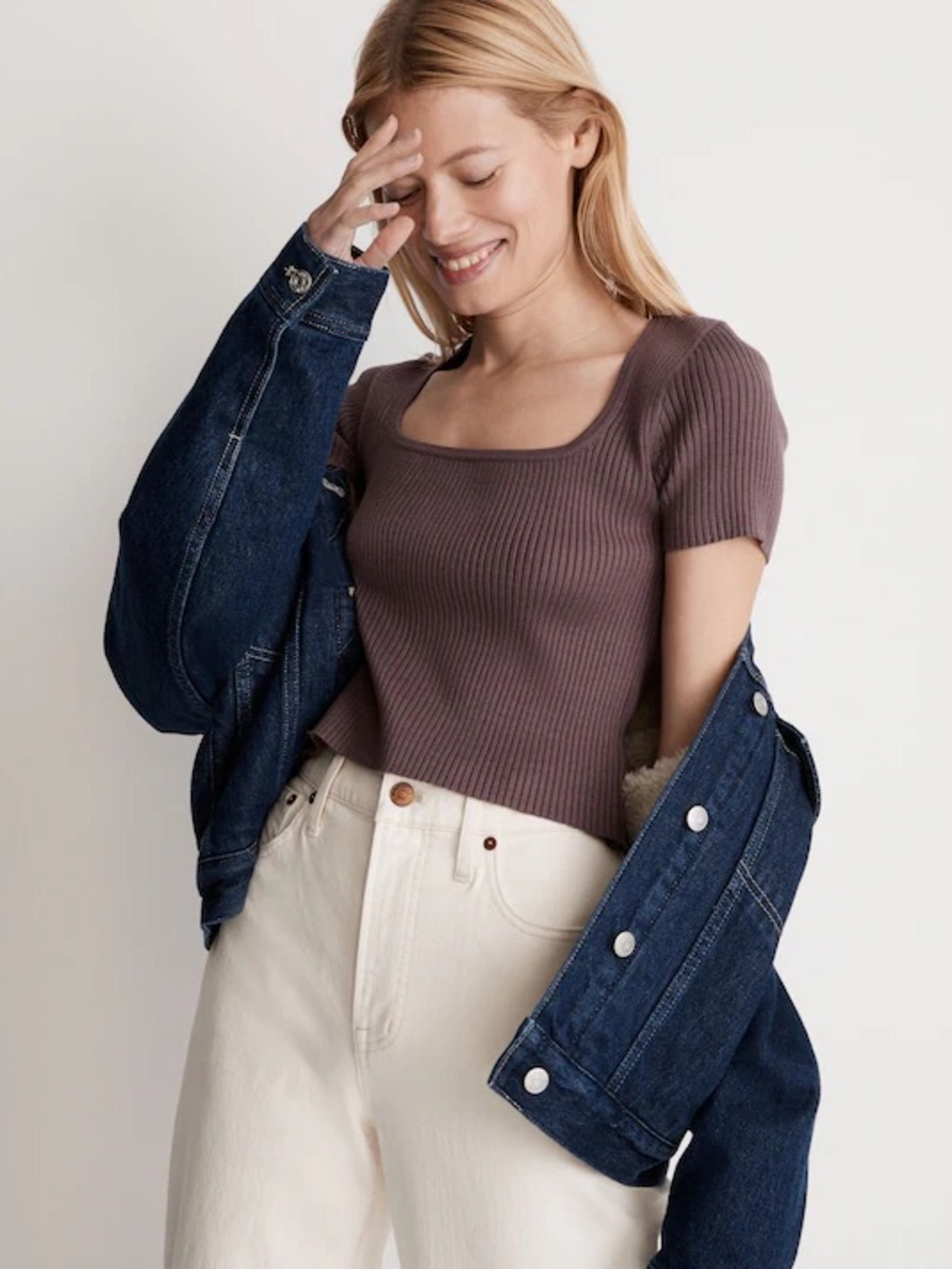 Madewell Square Neck Crop Sweater Tee Fig Size Small
